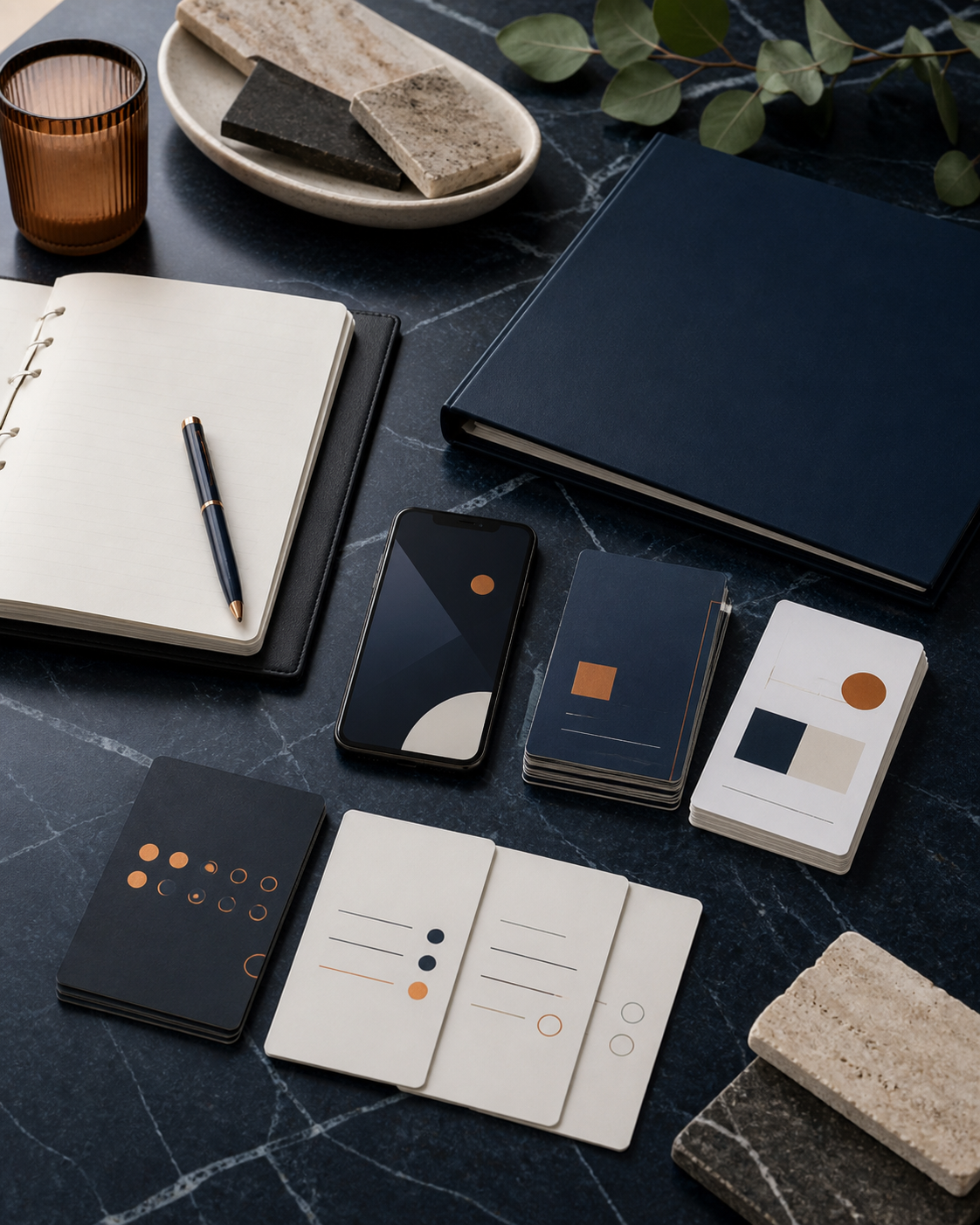 Mesa de gestión comercial con inventario abstracto, agenda y materiales ordenados